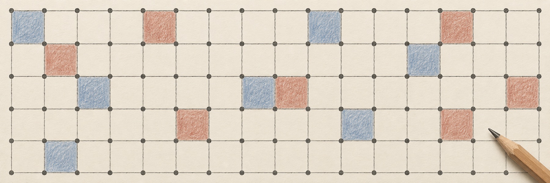A pencil-drawn dots-and-boxes board on ivory paper, with softly colored red and blue squares.
